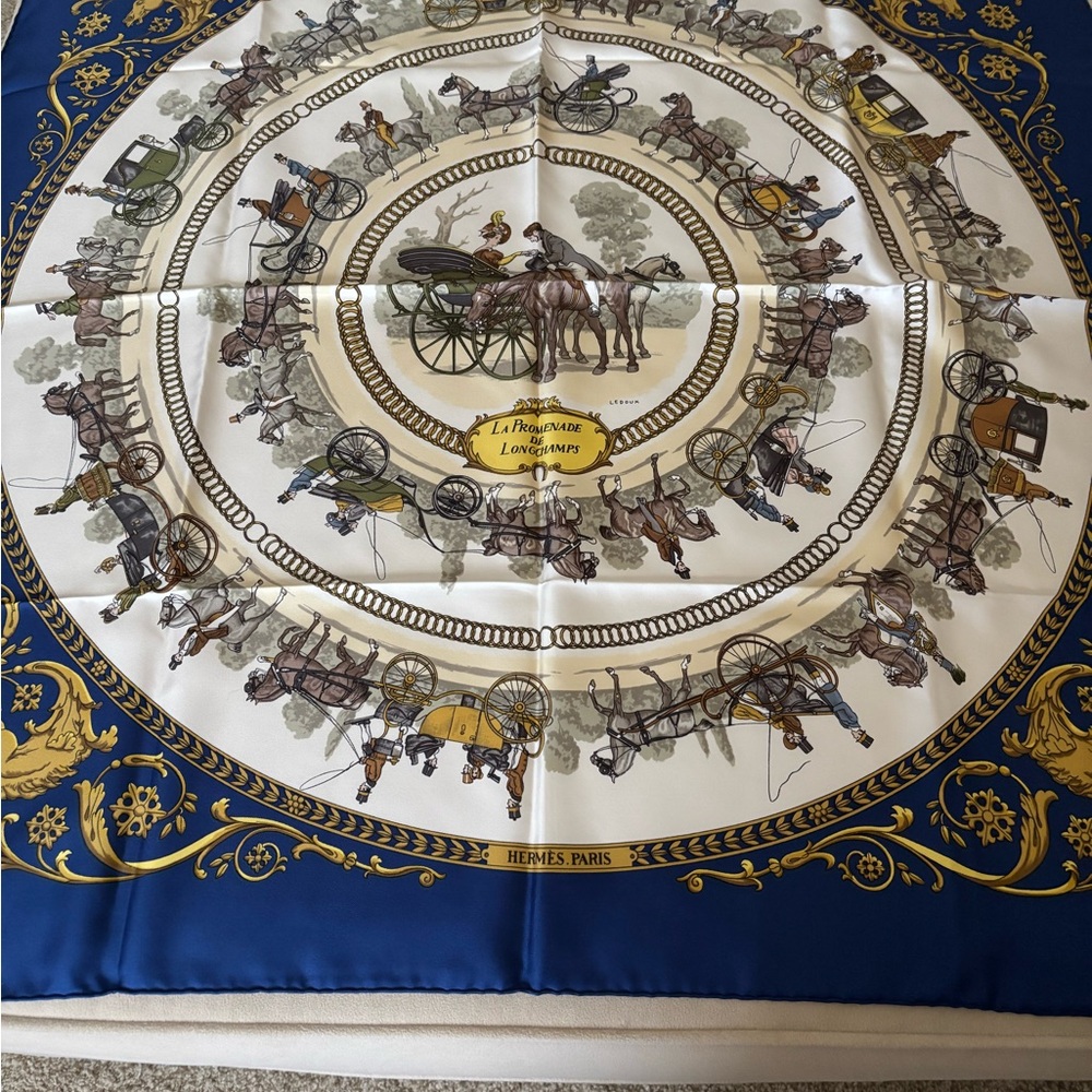 Hermès Paris Blue and Gold Silk Scarf